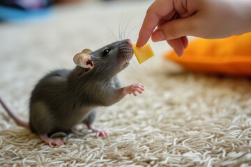 hand giving a piece of cheese to a rat