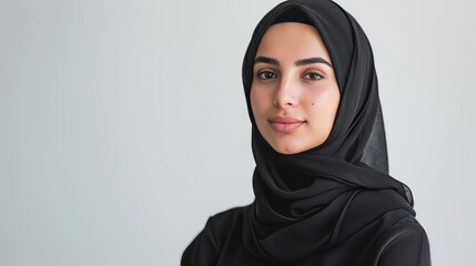 Naklejka premium Close-up of a beautiful young Muslim woman wearing a black hijab gazing forward isolated in a grey studio background, Muslim beauty skincare concept. AI Generated.