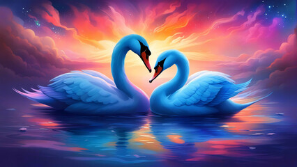 Obraz premium Two swans in love on the lake during sunset.