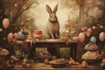 A charming vintage illustration of a rabbit graces the table, bringing a touch of nostalgia to the Easter party