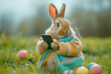 A playful rabbit, sporting a vibrant coat, excitedly holds a phone displaying captured memories with Easter eggs scattered on a grassy field