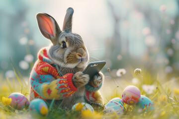 A playful rabbit, sporting a vibrant coat, excitedly holds a phone displaying captured memories with Easter eggs scattered on a grassy field - obrazy, fototapety, plakaty