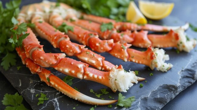 Cooked crabs on black plate served with white wine, black slate background, top view