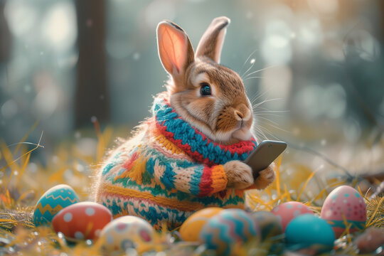 A playful rabbit, sporting a vibrant coat, excitedly holds a phone displaying captured memories with Easter eggs scattered on a grassy field