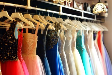 rack of colorful evening dresses in a boutique with soft lighting