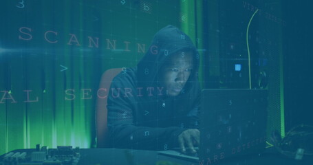 Image of data processing over african american male hacker