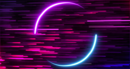 Image of neon red trails moving over neon circles