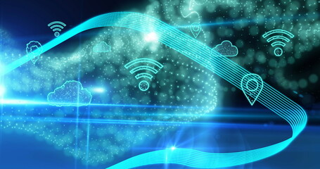 Image of cloud and wifi icons over green mesh waving