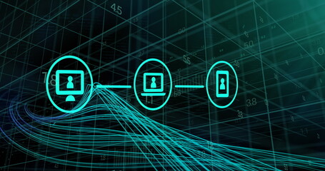 Image of digital electronic devices icons and data processing over grid
