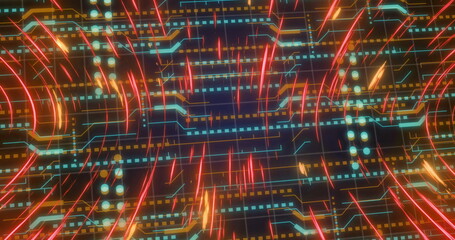 Image of orange light trails and data processing over circuit board