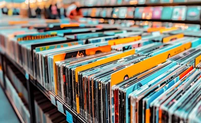 Photo sur Aluminium Magasin de musique Rows of vinyl records in a music store with colorful album covers hinting at a treasure trove of music from various genres.