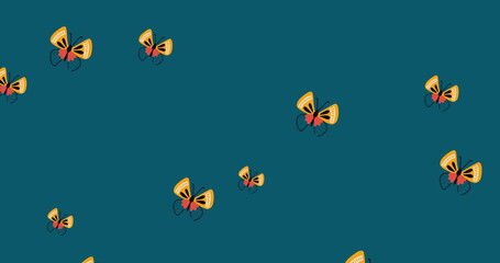 Image of orange butterfly moving in hypnotic motion on blue background
