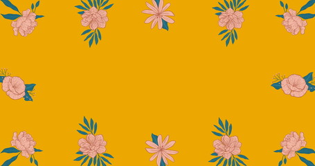 Image of flowers moving in hypnotic motion with copy space on orange background