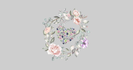 Image of flowers and heart spinning in hypnotic motion on grey background