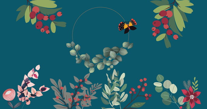 Image of flowers and butterfly moving in hypnotic motion on blue background