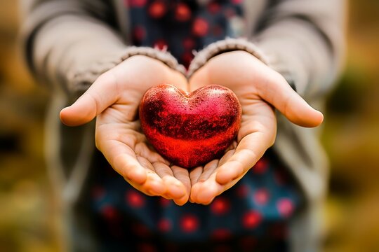 A warm image of hands holding a red heart, symbolizing love, care, and affection, perfect for Valentine's or charity themes.