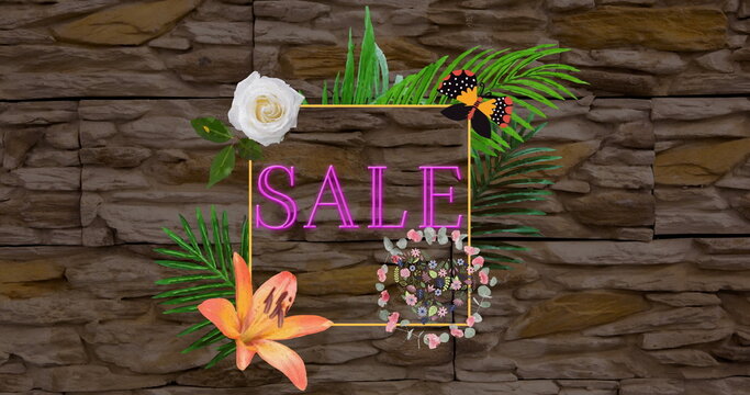 Image of sale text in neon letters in frame over flowers moving in hypnotic motion - Powered by Adobe