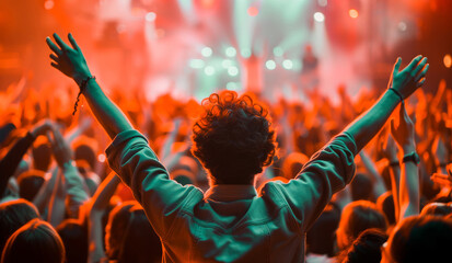 A person with arms raised enjoying a live music concert among a cheering crowd with vibrant stage...