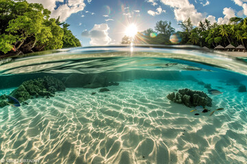 island scene underwater. A tropical paradise with crystal-clear waters, coral reefs, and colorful marine life.