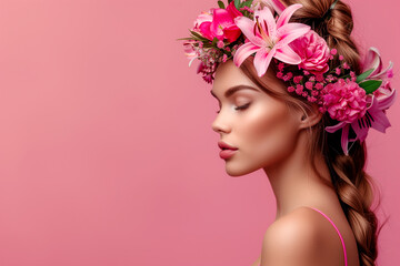 Beautiful girl with lily flowers on her head on pink background