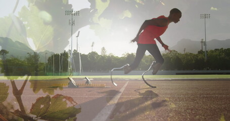 Image of leaves over disabled african american male runner