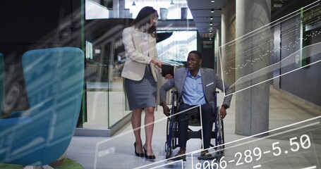 Image of data processing over disabled african american man with caucasian business colleague