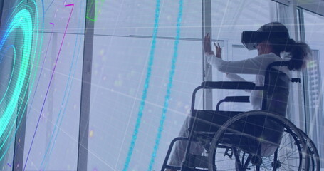 Image of shapes over disabled african american woman sitting in wheelchair using vr headset