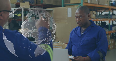 Image of globe over african american workers in warehouse