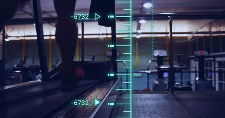 Image of data processing over caucasian man at gym