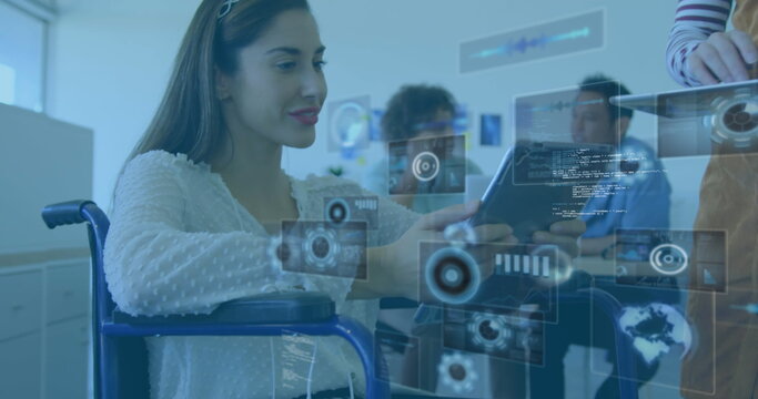 Image of data processing over disabled cuacasian woman sitting in wheelchair using tablet