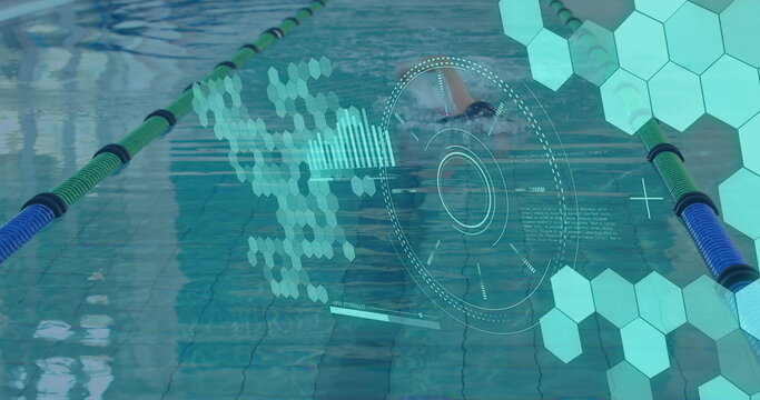 Image of scope scanning and data processing over caucasian woman swimming