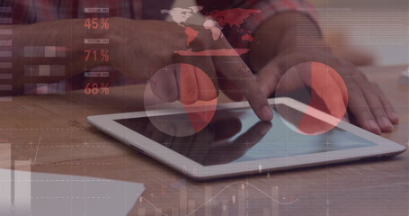 Image of financial data processing over businesswoman using tablet