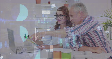 Image of statistics and data processing over business people using laptop in meeting