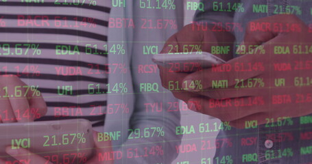 Image of clock, statistics and data processing over businessman using smartphone