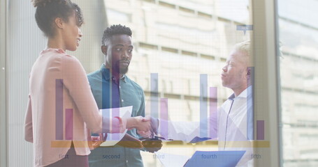Image of financial data processing over diverse business people