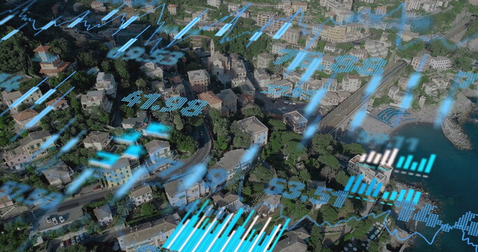 Image of financial data processing over cityscape