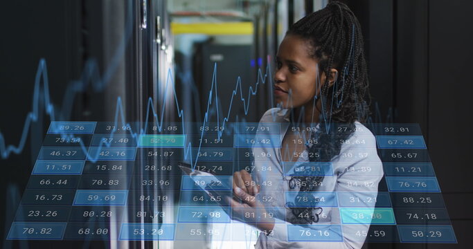 Image of financial data processing over african american female it engineer by servers