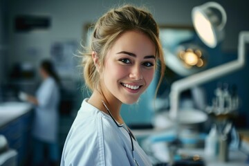 Portrait of a proud female dental hygienist student in college, smiling confidently as she represents her future occupation and the value of education, Generative AI