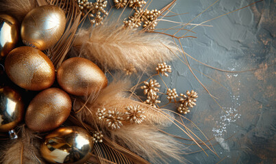festive easter decoration with golden eggs and pampas grass on textured background