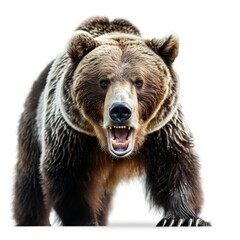 Intimidating brown grizzly bear roaring aggressively, captured isolated on a white background showcasing wild predatory instincts, Generative AI