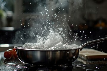 cook sterilizing water in a saucepan in the kitchen - obrazy, fototapety, plakaty