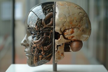 AI Brain Chip visual style. Artificial Intelligence cleanroom mind audio decoding axon. Semiconductor clinical informatics circuit board brain plasticity