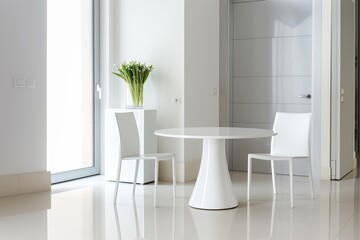 modern white chairs and table in a clean, minimalist hall space