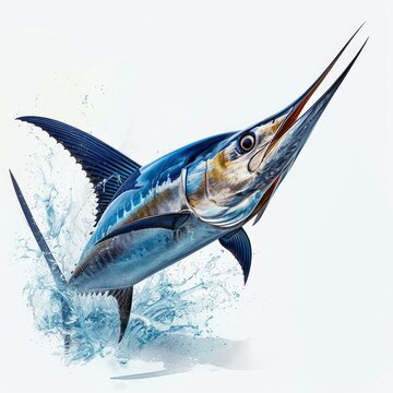 recommend clip art: Detailed illustration of a blue marlin swordfish jumping out of the ocean isolated on a white background, Generative AI