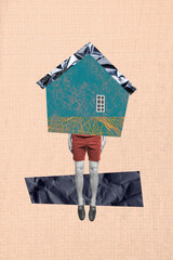 Vertical collage image of black white effect man legs drawing house building jumping isolated on...