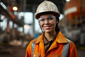 Portrait of a smiling female engineer at an oil refinery, confidently overseeing operations, maintaining safety standards, and ensuring the efficient production of petroleum products, Generative AI