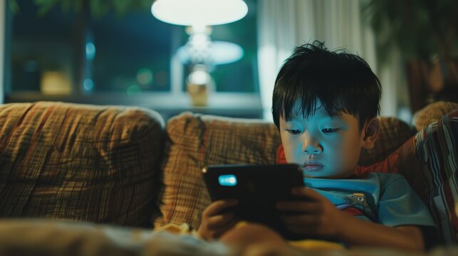 little boy at home with mobile phone, addiction