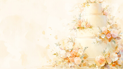 ラグジュアリーな花で飾り付けたウェディングケーキの水彩イラスト背景