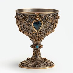 Ornate, ancient antique chalice isolated on a white background, Generative AI