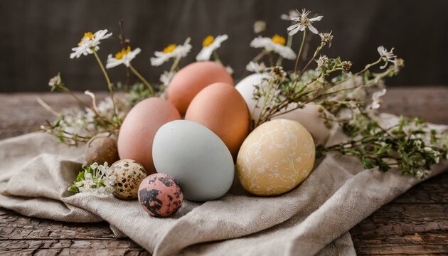 natural organic paint easter eggs in a nest with herbal and flowers close up 